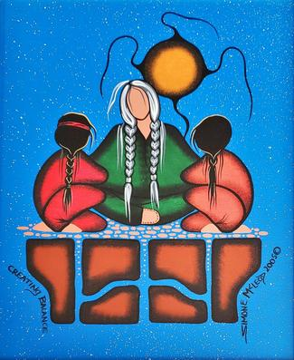 Colorful painting of three seated Indigenous figures. Two children dressed in red face an older woman dressed in green.
