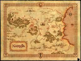 Brown ink on yellow parchment map of fictitious land of Narnia